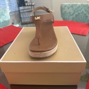 Michael Kors Brown Leather Espadrille Thong Wedge Sandal